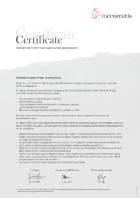 Mustafa Turgut ® • Profesyonel Fotoğrafçı Hahnemühle ürün yelpazesinin tümü DIN 6738, ISO 9706, ISO 16245, ANSI Z 39.48-1992 standartlarına uygun ve ISO 14001, ISO 50001, EcoVadis gibi sürdürülebilirlik sertifikalarına sahiptir.